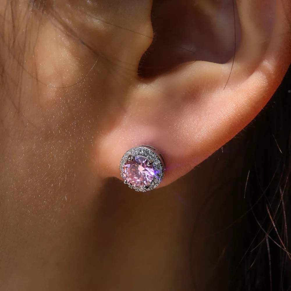 Gold Plated Pink CZ Stud Earrings - Picture 4 of 4